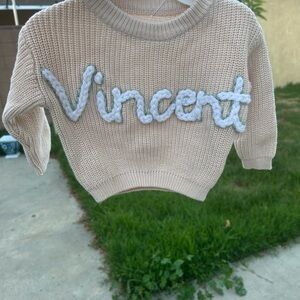 Cream Ribbed Crewneck Sweater with Script Embroidery